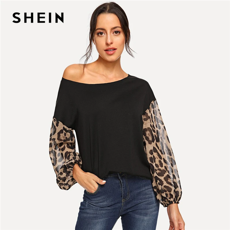  SHEIN Black Leopard Contrast Mesh Pullover One Shoulder Bishop Sleeve Sweatshirt Women Autumn Patch