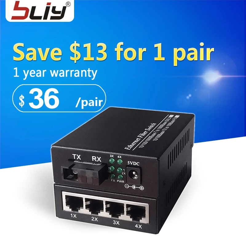 1 pair 4 RJ45 to 1 fiber optic utp media converter 1 fiber to 1 UTP