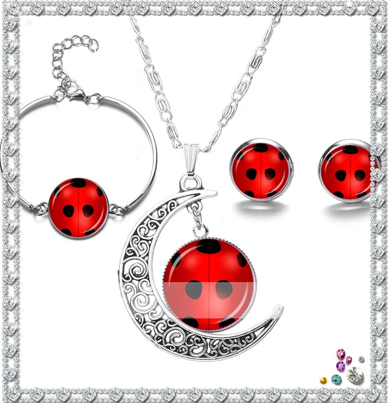 

New Fashion 1 Set Red Ladybug Necklace Earrings Bracelet Jewerly Set Silver ColorRound Charms Party Glass Gems Pendant
