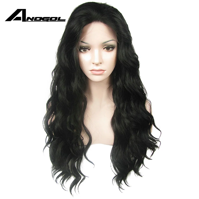 

Anogol High Temperature Fiber Synthetic Front Lace Wigs 360 Long Loose Wave Natural Black Peruca lace front human hair wig Women