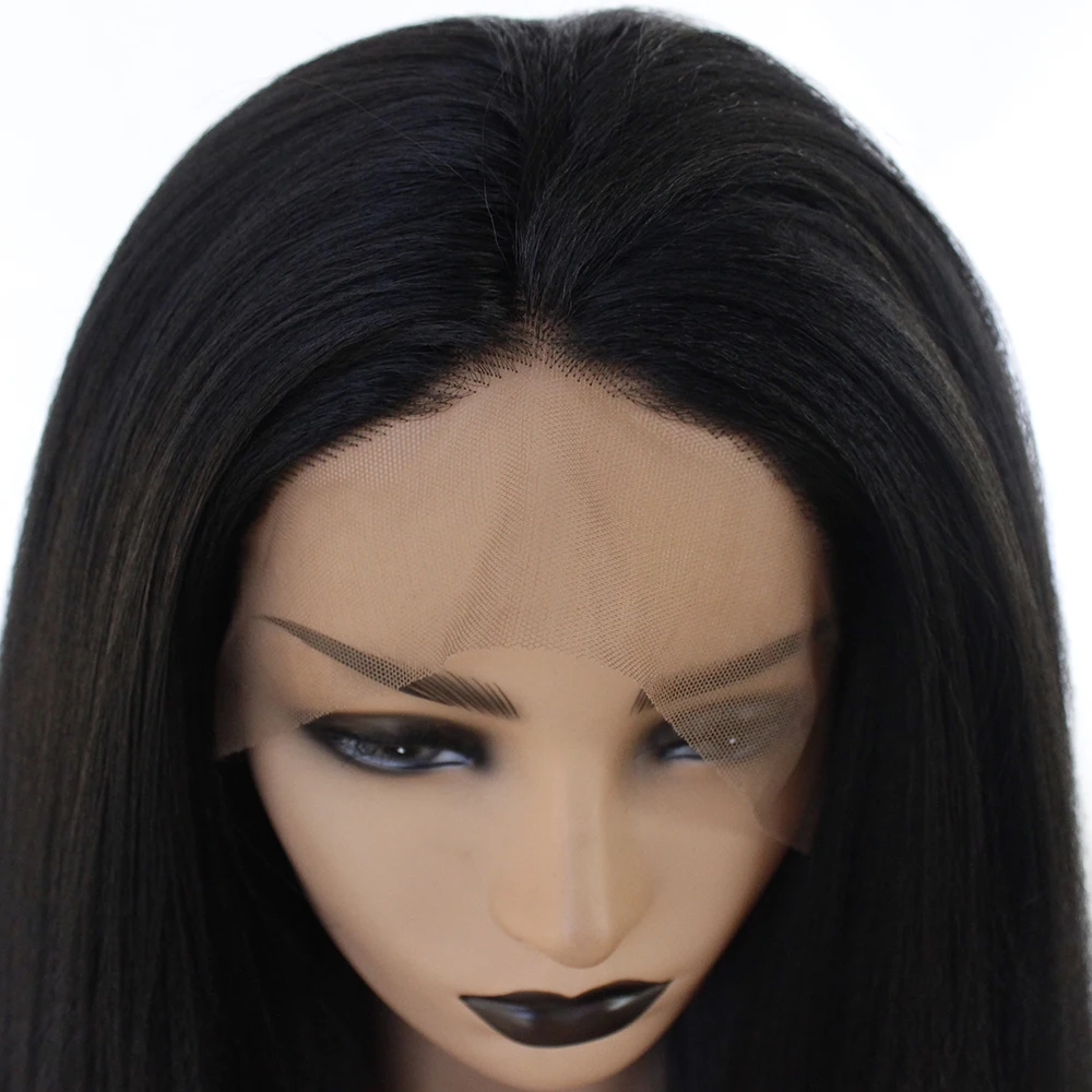 Synthetic Kinky Straight Lace Front Wig for Women, Natural Hairline, Black, Heat Resistant, Middle Part image 4