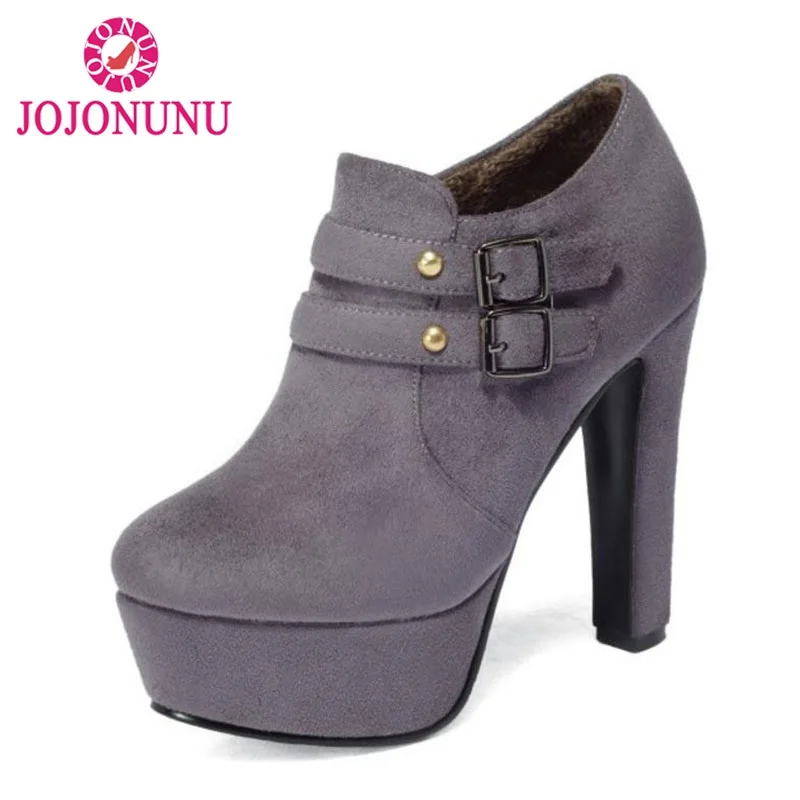 

JOJONUNU Women Ankle Boots Platform High Heels Fashion Rivets Winter Shoes Women Add Fur Buckle Zipper Warm Boots Size 32-43