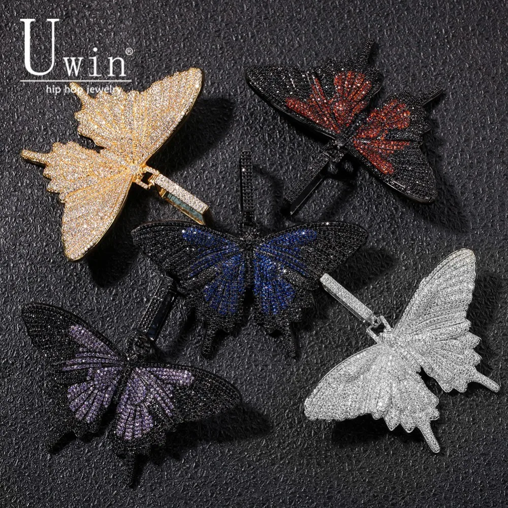 Kopen Uwin Vlinder Hanger Micro Verharde AAA Kubieke Zirkoon Met 20mm CZ Cubaanse Collier Mannen HipHop Sieraden Voor Gift