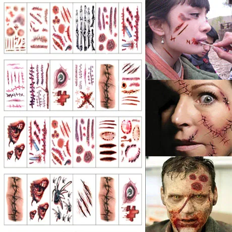 24pcspack waterproof zombie scars tattoos sticker fake scab bloody makeup halloween decoration horror wound