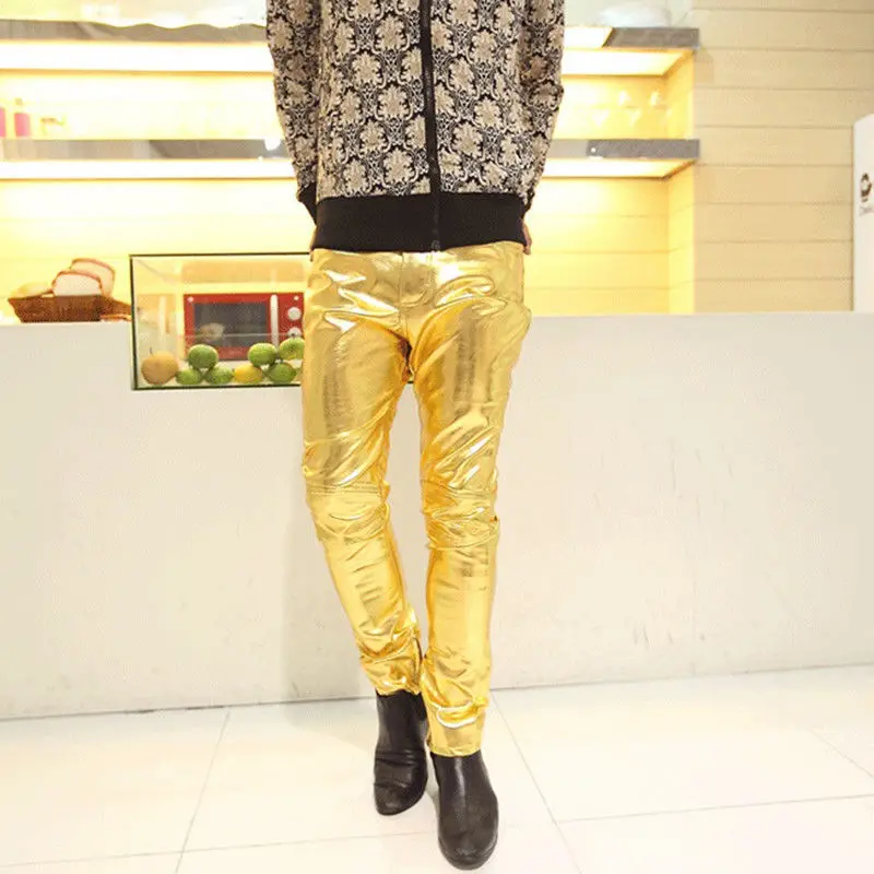 Модные повседневные мужские вечерние костюмы для косплея, сценические панк-Клубные длинные облегающие кожаные штаны золотого и серебряного цвета