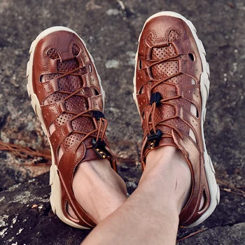 

ARUONET Breathable Hollow Men's Loafers Genuine Leather Outdoor Shoes Anti-Slip Men's Casual Shoes Soft Summer Shoes Sneakers