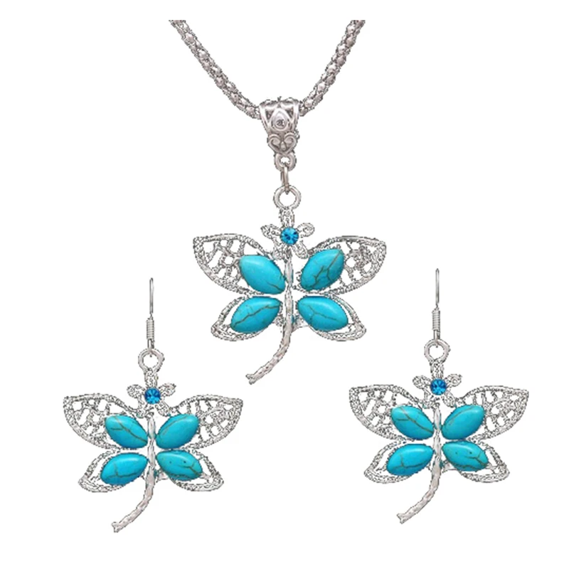 TFGS 5 x (Turquoise Crystal Dragonfly Pendant Necklace Earrings Jewelry Set for Women (Ancient silver)