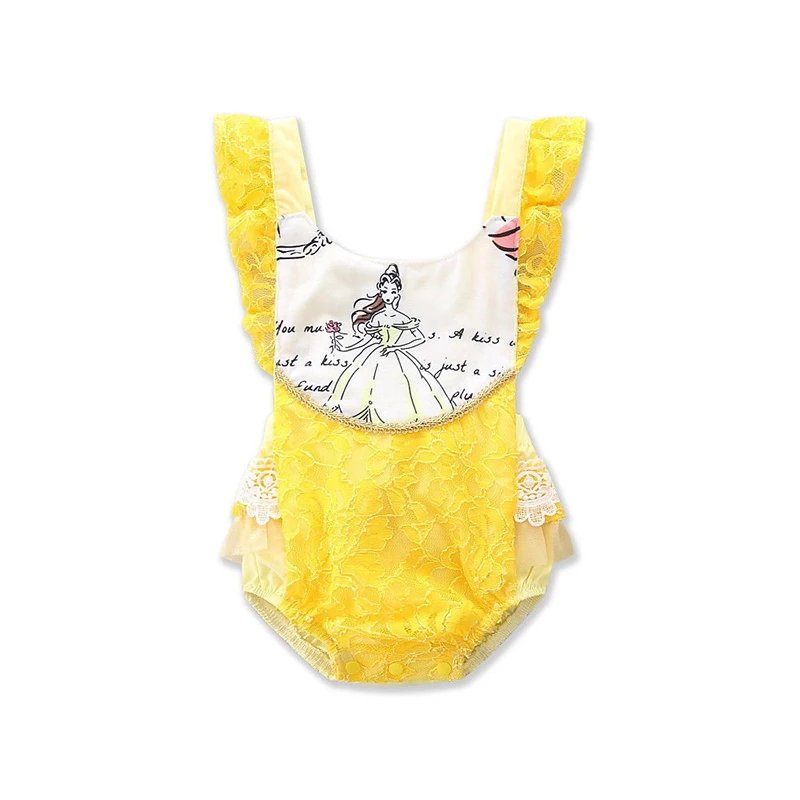 

Toddler Baby Girls Lace Bodysuit Beauty and the Beast Jumpsuit Sleeveless Backless Cartoon Outfits Sunset Cute Princess New 2018