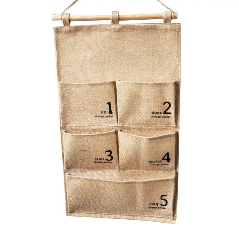 

Vintage 5 Pockets Cotton Linen Wall Door Closet Hanging Storage Bag Clothes Organizer Over Door for Bedroom Bathroom