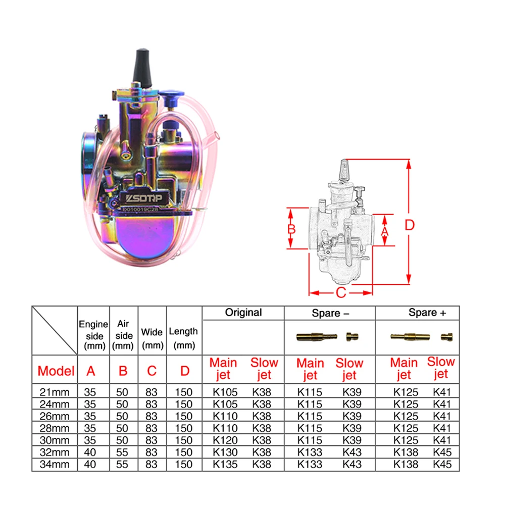 ZSDTRP Colorful PWK Carburetor Motorcycle 2/4T Engine Scooters Dirt Bike ATV 28 30 32 34mm with Power Jet Racing Motor For 250CC