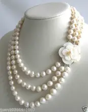 natural Jewelry 3Row 7-8mm White Freshwater Pearl Necklace Shell Clasp Quartz Fine Plated gold Bridal wide watch wings queen