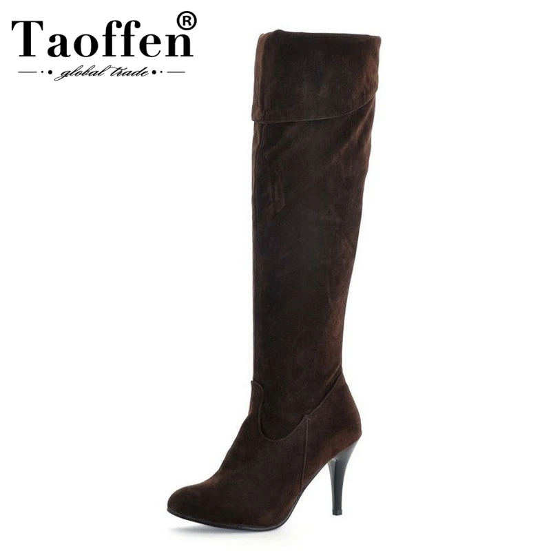 comprar Tamanho 34 47 TAOFFEN Mulheres Salto Alto Sobre o Joelho Botas Senhoras Botas de Montaria Moda Longo Bota de Neve de Inverno Botas de Salto sapatos calçados P1318