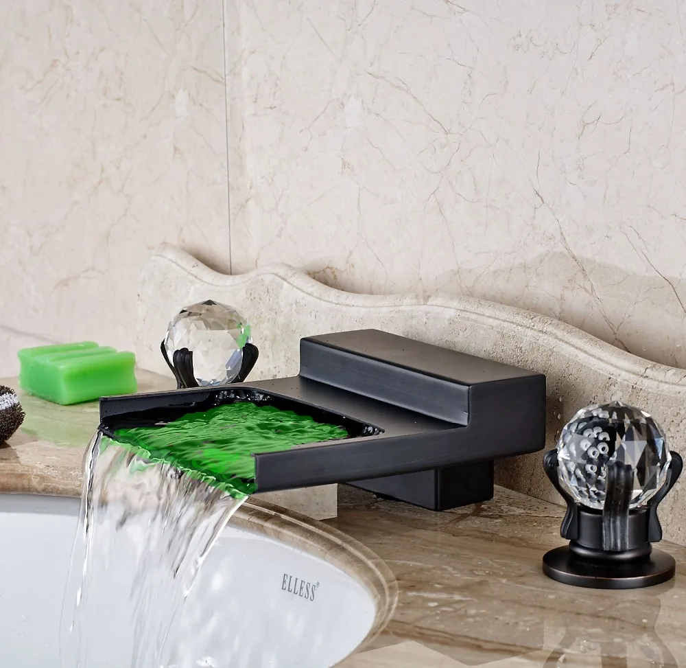 

Widespread LED Waterfall Spout Bathroom Sink&Tub Faucet Oil Rubbed Bronze Deck Mounted Double Handles 3 Holes
