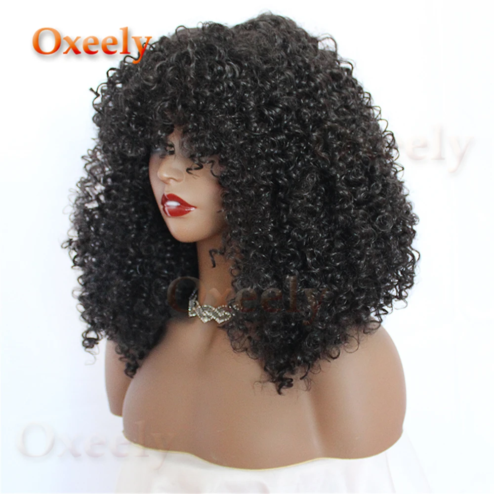 Oxeely Natural Color Synthetic Wigs Kinky Curly With Bangs Long