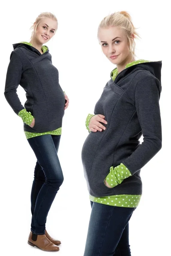 Autumn Winter Warm Nursing Maternity Hoodies for Pregnant Women Breastfeeding Pregnancy Hooded Top Maternity Lactation Sweater - Цвет: Green