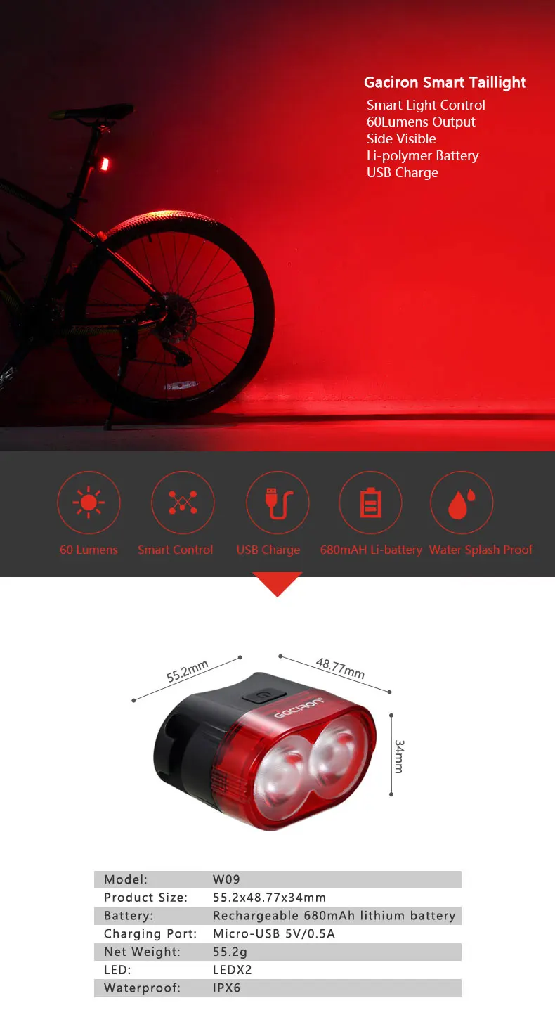 Best Gaciron Cycling Smart Visual Warning Safety Light Bicycle LED Tail Light Bike Rear Lamp USB Charge 60Lumen W09 Aero Post Mount 0