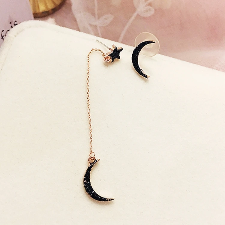 

Hot Sale Black Crystal Asymmetrical Star Moon Dangle Drop Statement Long Tassel Gold Earrings for Women Bijoux Brinco Oorbellen