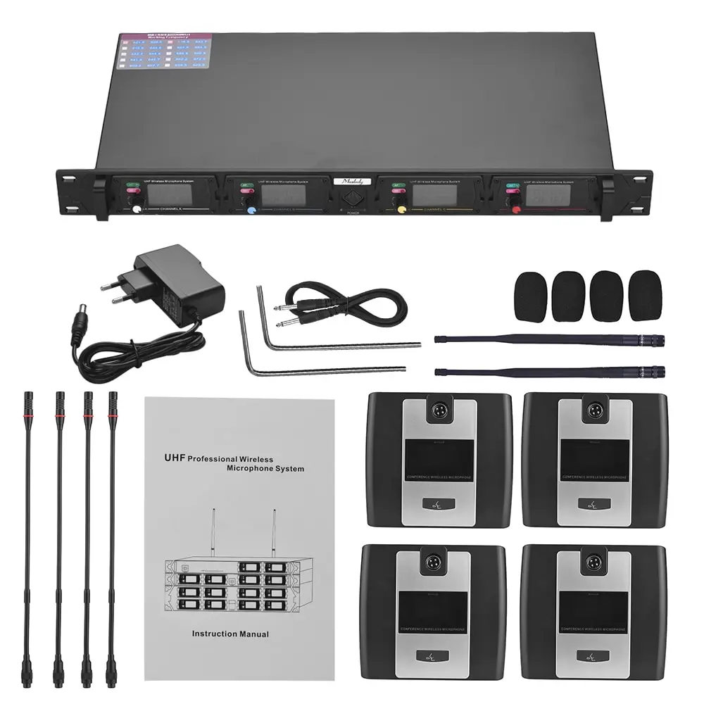 

Muslady D2 Professional 4-Channel UHF Wireless Conference Microphone System 6.35mm & XLR Outputs Dual Antenna