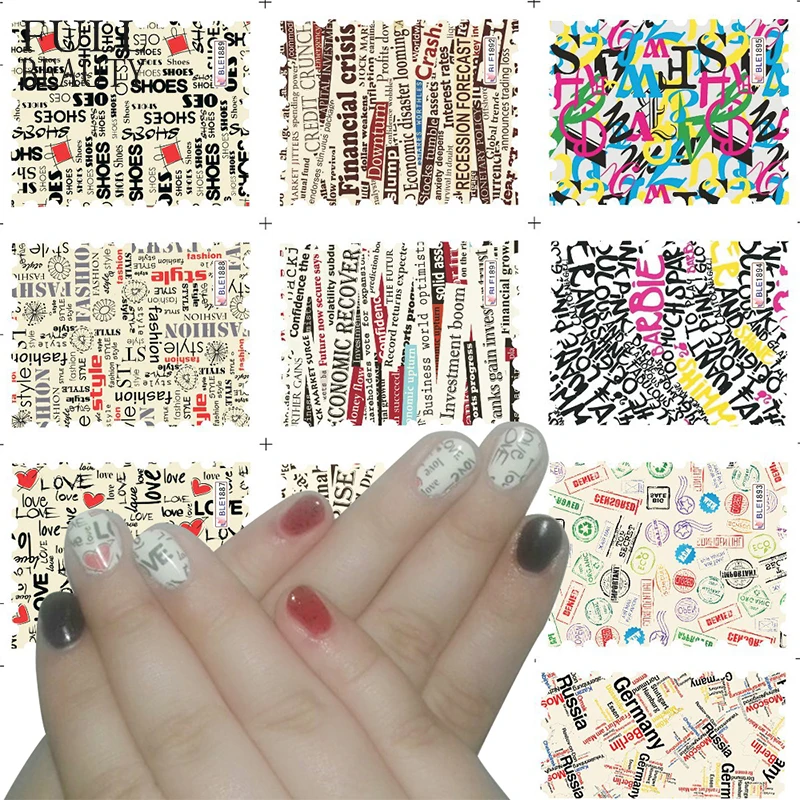 

11 Designs Water Decals Letter Fashion Stamp Sticker Slider Wrap Nail Art Decoration for Polish Gel Full Foil Tip BLE1885-1895