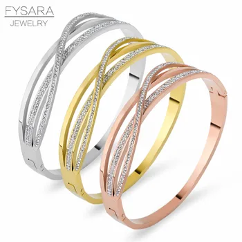 

FYSARA Stainless Steel CZ Crystals Intersect Cross Bracelets Bangles Luxury Shiny Rose Gold Pulseras Women Jewelry