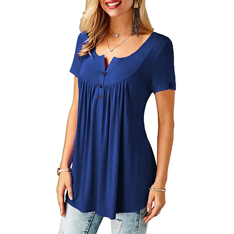 Women'S Summer Casual Short Sleeve T-Shirts Ruffle Button Up Split Neck Blouse Tunic Top Female 2018 Fashion Solid Loose Tees (19)