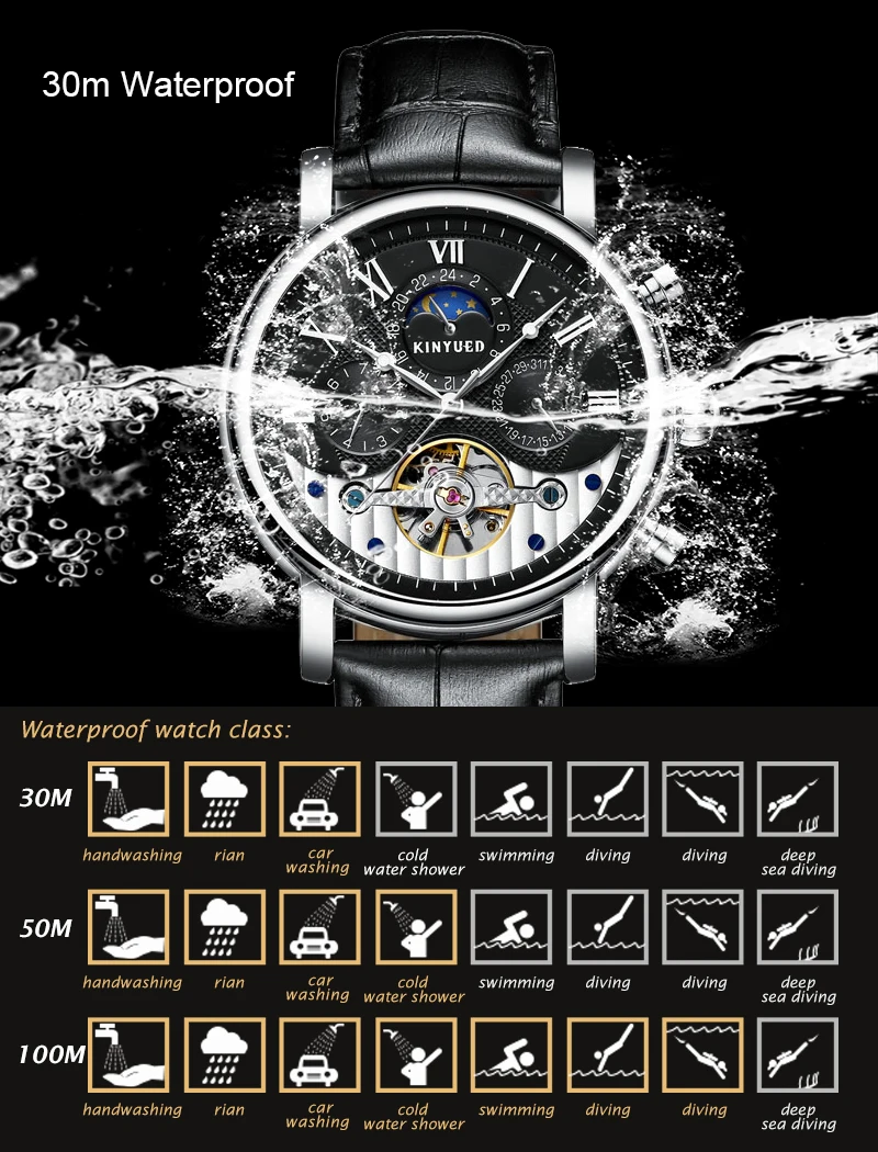 Автоматические Мужские часы KINYUED Tourbillon, розовое золото, механические часы с скелетом, военные спортивные часы с календарем, мужские часы