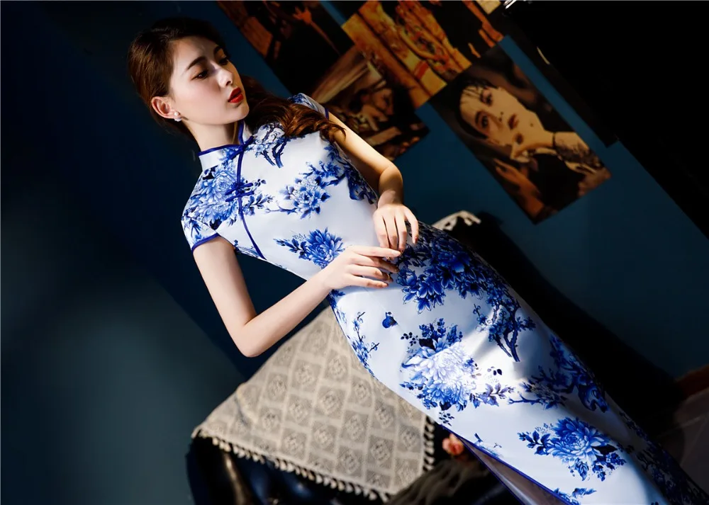 Шанхай история короткий рукав Qipao длинное китайское платье Весна Cheongsam синий и белый фарфор печати Qipao платье для женщин