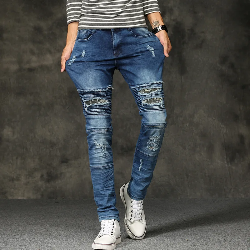 

Jeans Men Stretch Hole Pleated Distressed Pencil Pants Male Denim Jeans Casual Solid Color Straight Slim Cowboy Fashion Washed