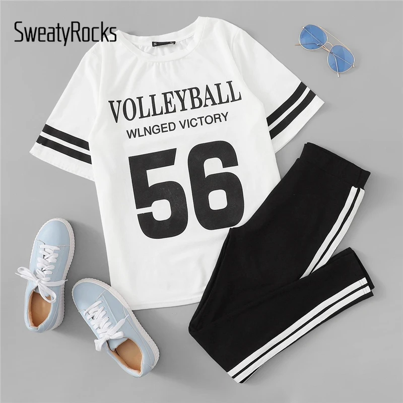 SweatyRocks Letter and Striped Top and Skinny Leggings Set