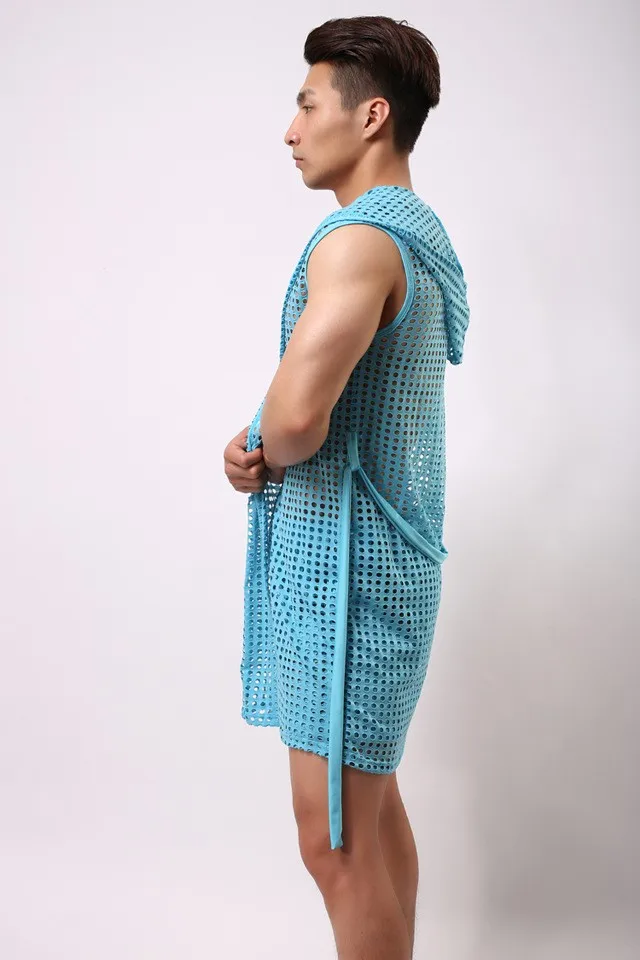 2017 Fashion HOT Men Robes Bathrobe Brand Sexy Fishnet See Inner Men Long Robe Sleepwear Mesh Hoodie Sleep Lounge Size S M L red and black plaid pajama pants