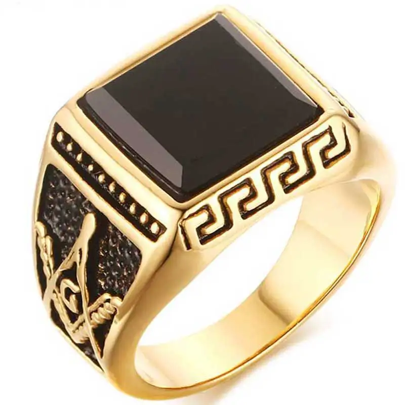 316L stainless steel Fashion agate ring freemason ring for men trandy gold plating Masonic jewelry