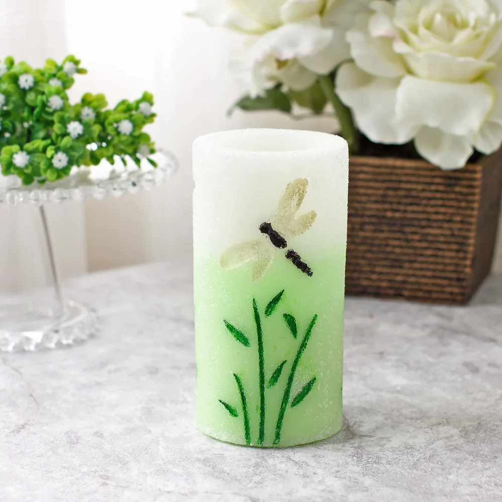 DFL Spring Flameless Electronic Led Candle,embossed Green Dragonfly,7