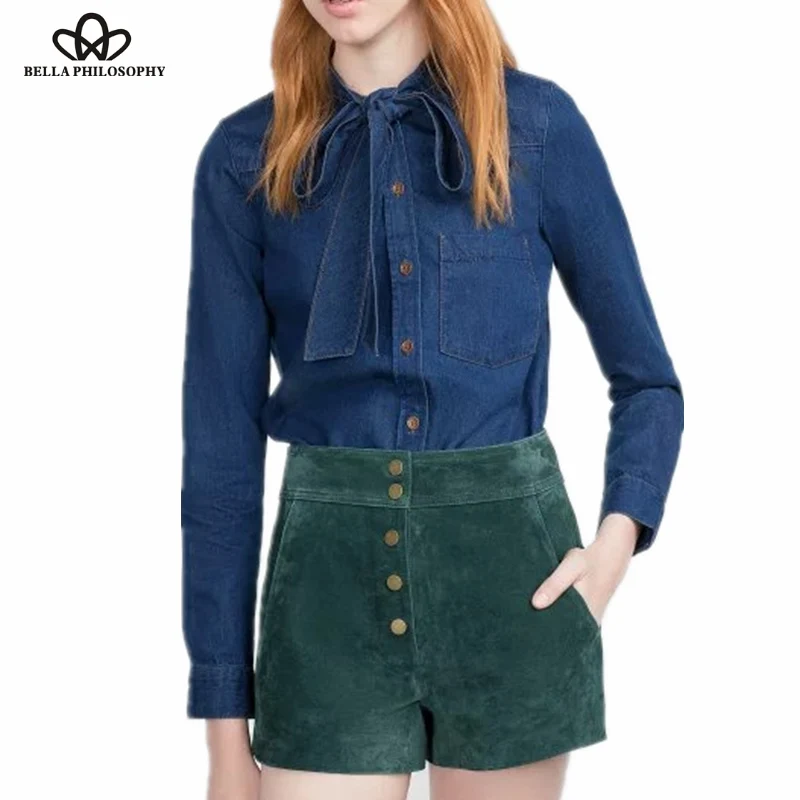 2016 autumn winter vintage blue Tencel cotton denim bow