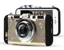Korea Fashion Style Bling Diamond Retro Camera soft Silicone With Long Strap Rope Back Case Cover For iPhone 7 6 6S Plus 5 5S