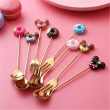 Cuillère à beignets dorée en acier inoxydable 304 fourchette à café Dessert thé glaces cuillères fourchettes cuillère à thé dessin animé mignonne