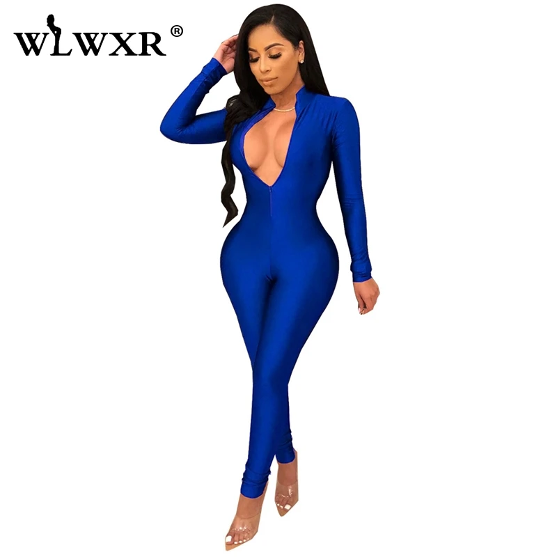 WLWXR, уличная одежда, сексуальный облегающий женский комбинезон,, комбинезон с длинным рукавом, на молнии, v-образный вырез, обтягивающие летние комбинезоны, женский комбинезон - Цвет: Синий