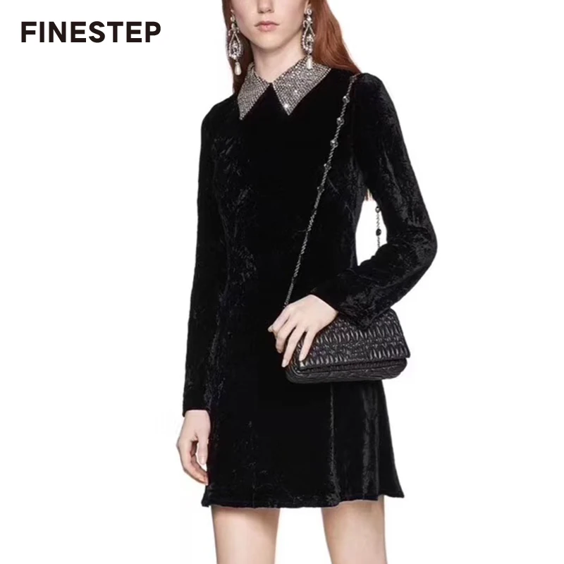 

Mini Dress 2019 Women Clothes Black Dress Diamond Collar Luxury Brand Dress Women 2019 Female Solid A-line Dress Casual