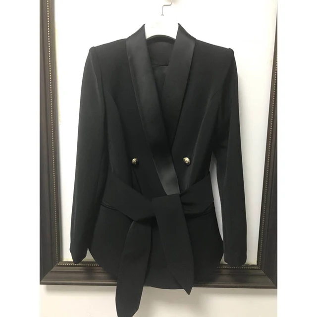 HIGH STREET Newest Fashion 2024 Designer Blazer Women's Shawl Collar Double Breasted Metal Buttons Belt Blazer Jacket 3