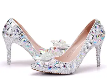 

New Bridal Shoes Rhinestone High Heels 9.5CM Cinderella Shoes Women Pumps Pointed toe Woman Elegant Crystal Wedding Shoes Pumps