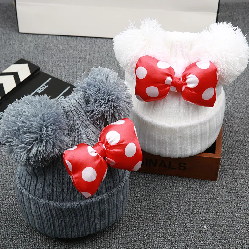 Winter Children Big Bowknot Hat Baby Cap Thick Warm Knitting Cotton Beanie Kids Girls Cartoon Cute Dot Bow Caps Bonnet