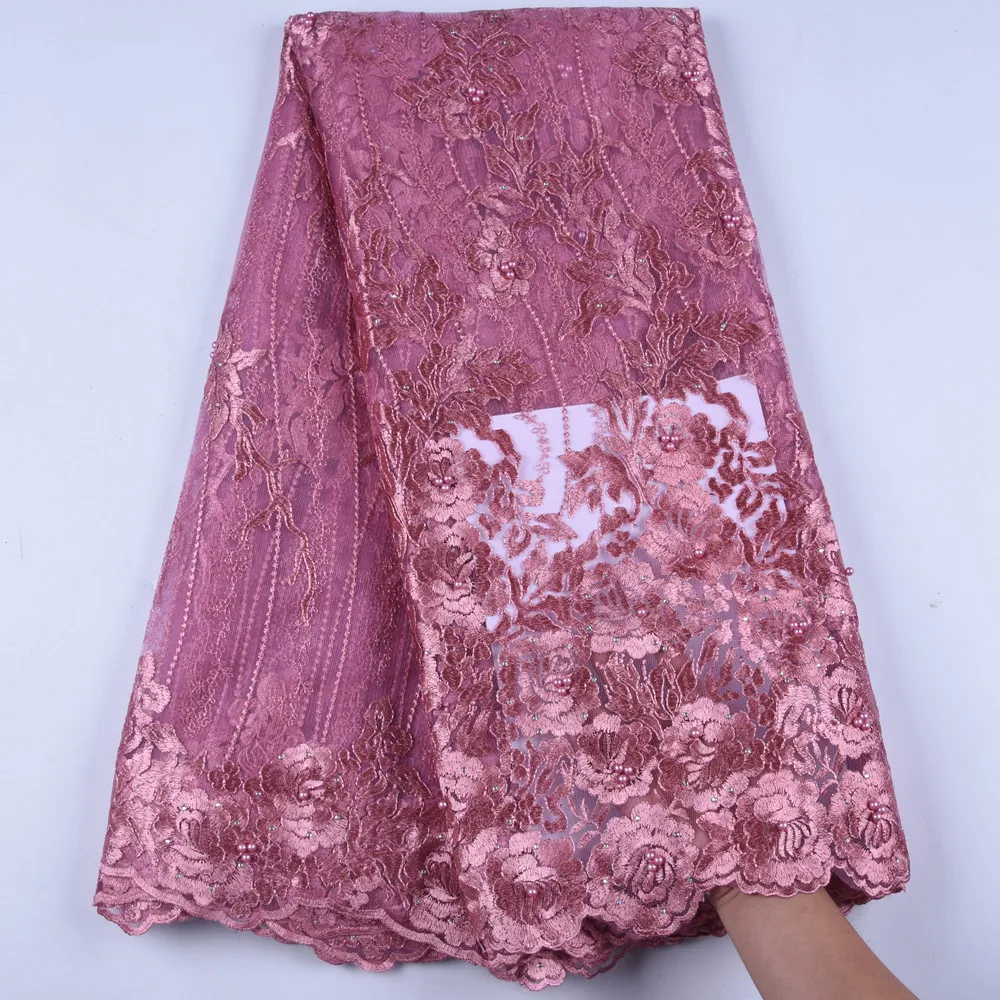 Розовая африканская кружевная ткань с вышивкой в нигерийском стиле для свадьбы высокого качества французский Тюль кружевная ткань с камнями цветы 1373