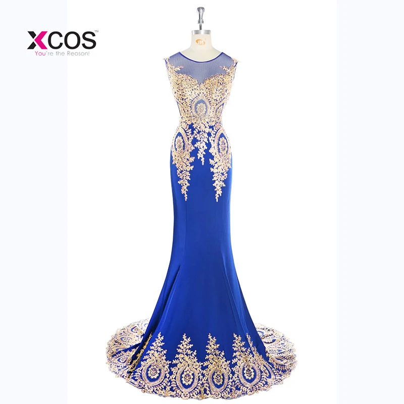 

Dubai Arabic Mermaid Evening Dresses Long 2018 Royal Blue Gold Lace Appliques Formal Cheap Prom Gowns Robe De Soiree Longue