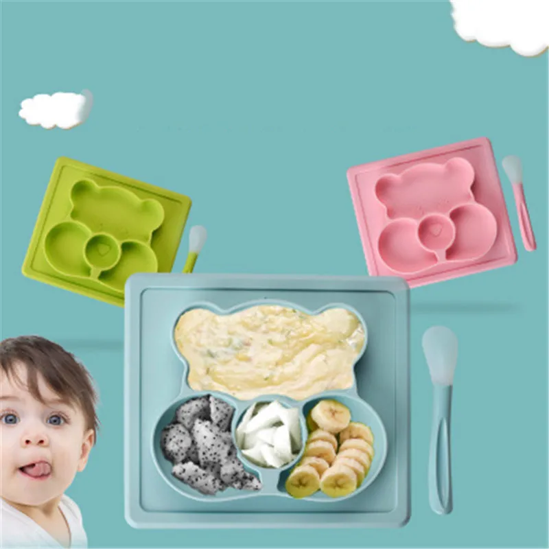 

Baby Cartoon Feeding Fodd Plate Toddlers Silicone Plate Newborn 3 Colors Infants With Spoon Strong Suction Waterproof Dinnerware