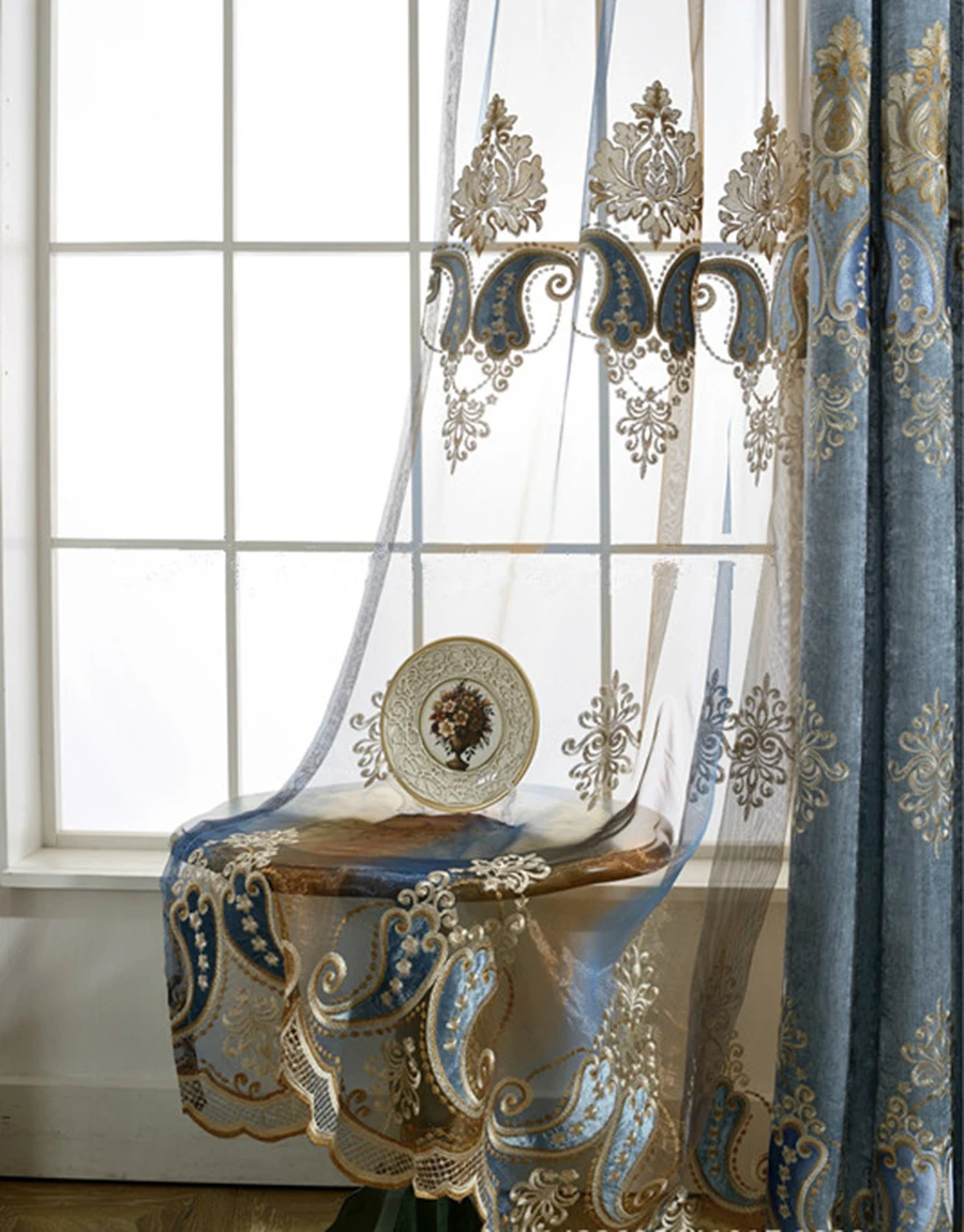 Роскошные шторы, тюль для гостиной, европейская синяя шенилловая вышивка, бархатные шторы, тюль для спальни, декоративная панель, AP019-30