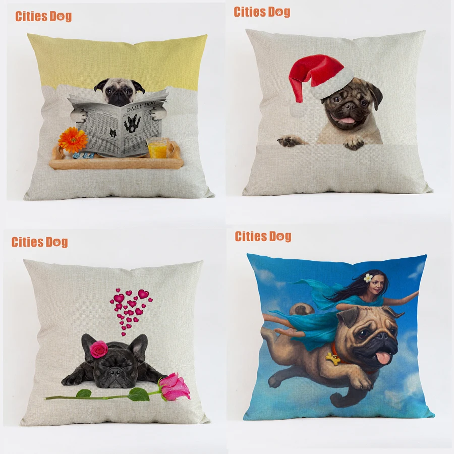 

Pug decorative pillows cushion cover Linen 35x35 45x45 55x55cm Pillowcase new Year decoration gift Pugs dog almofada cojines