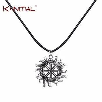 Kinitial 1Pcs Silver Slavic Kolovrat Pendants Necklaces Sun Fire Slavic Amulet Black Leather Chocker Necklace Men Gift Jewelry