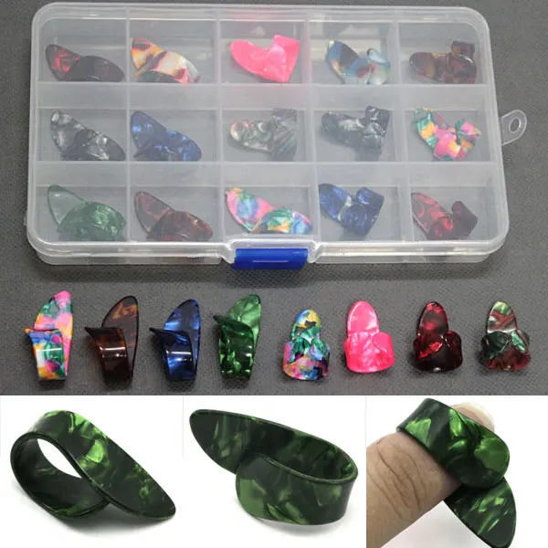 

15pcs Celluloid Thumb Finger Guitar Picks Set Plectrum Case 15 grid Multicolor