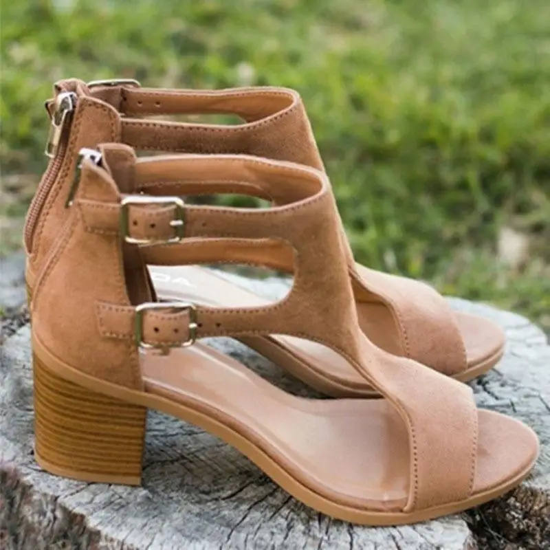 Прямая поставка; Sandalias Mujer; коллекция года; женские летние босоножки на высоком каблуке; обувь из искусственной кожи; женские сандалии большого размера с открытым носком и пряжкой на ремешке - Цвет: brown