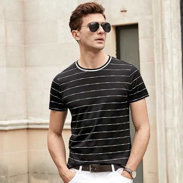 

2019 New High Quality Men Silk T-shirt Men's Short sleeve tshirt Summer Man Round neck t shirt Men's stripe shirt
