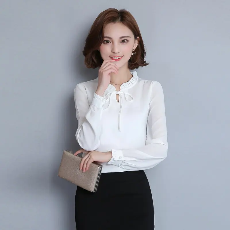 

Hot 2019 Women Office Blouses Chiffon Shirts Bow Tops Female Stand Collar Elegant Ladies long sleeve Blouse Work Wear Tops